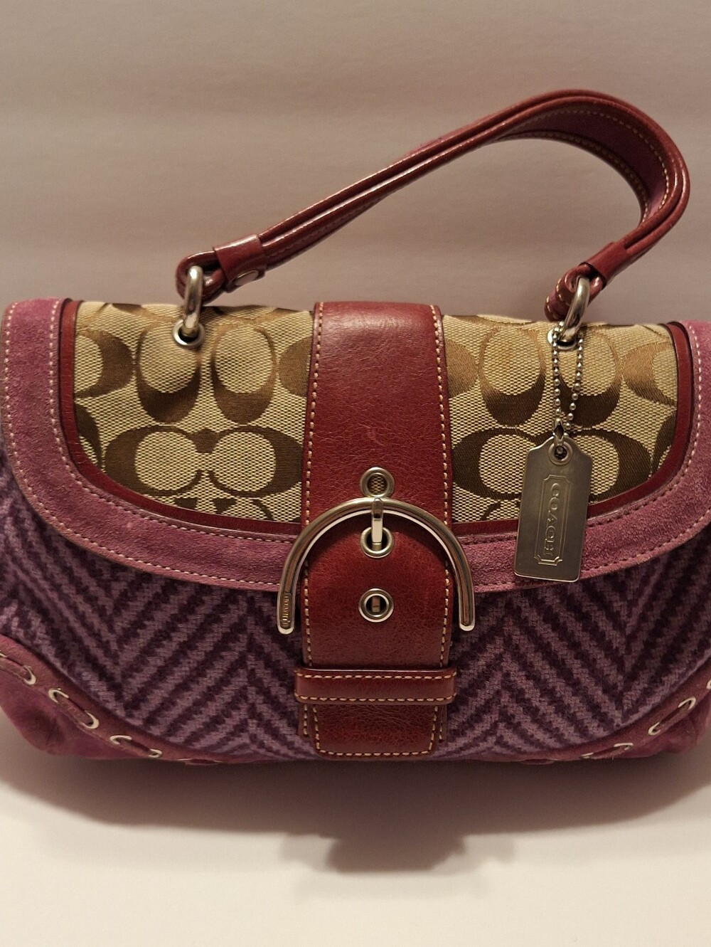 Vintage Coach Y2K SoHo Purple Tweed Signature Hobo C Bag 9748 (elbow/wrist)